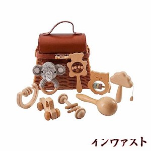 Wooden Teether ガラガラ ラトル 出産祝い おもちゃ 木製 ひも通しおもちゃ 手押し車 ベビーおもちゃセット 木のおもちゃ 無塗装 8個セッ