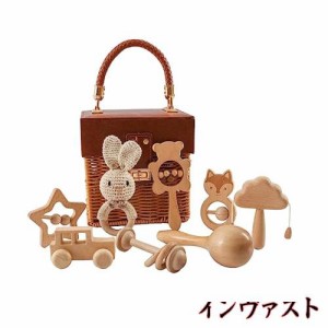 Wooden Teether ガラガラ ラトル 出産祝い おもちゃ 木製 ひも通しおもちゃ 手押し車 ベビーおもちゃセット 木のおもちゃ 無塗装 8個セッ