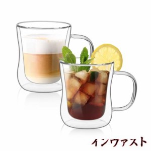 ComSaf ダブルウォール カップ グラス タンブラー グラス コップ 取っ手付 二重構造 保温 保冷 350ml コーヒー ミルク ジュース 電子レン