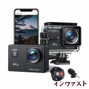 WOLFANG GA100 アクションカメラ 【マイク付き】 4K 20M 防水40M水中カメラ リモコン付き EIS手ぶれ補正 HDMI出力 1050mAhバッテリー2個 