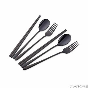 Do Buy カトラリーセット 箸 スプーン フォーク セット 韓国食器 2名用 18-8ステンレス鋼製 鏡面仕上げ ブラック