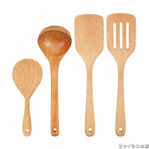 YFWOOD キッチンツール4本セット 木製 クッキングツール 調理器具 一体成形 ウッド おたま ターナー しゃもじ フライ返し ヘラ しゃくし 