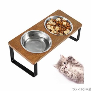 猫食器 ネコボウル ねこエサ入れ 食器スタント スタンド ねこ給食 ペット ボウル フード用 スタンド 竹製 ねこ ご飯台 ねこお皿(ブラウン