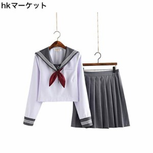 【小松丸】グレーの襟 セーラー服 長袖 半袖 白い グレー 金魚結び リボン 制服 学生 5点セット 靴下付き（黒） (長袖5点セットA, M)