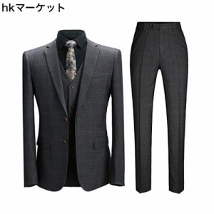 [YFFUSHI] スーツ メンズ 3点セット ジャケット スラックス ベストチェック ビジネス カラバリ豊富 (グレー,M)