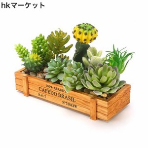 [Amazon限定] EnergyPower フェイクグリーン 人工多肉植物＆サボテン9種類寄せ植え ウッドボックスセット おしゃれ盆栽 水やり不要 枯れ