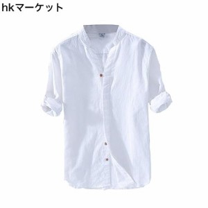 秋服 メンズ シャツ 麻 シャツ カジュアル リネンシャツ 麻シャツ 薄手 スリム 無地 上着white 3XL