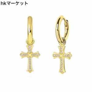 KRKC＆CO クロス ピアス 十字架 フープピアス メンズ シルバー925 両耳 15mm直径 14K金メッキ 純銀 メンズ レディース 揺れる ドロップピ