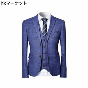 [YFFUSHI] スーツ メンズ スリーピーススーツ セット 2つボタン ストライプ チェック ビジネス 就職 結婚 XS-5XL セットアップ ブルー ネ