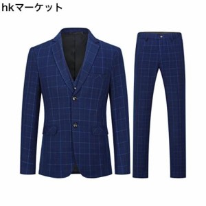 [YFFUSHI] スーツ メンズ スリーピーススーツ セット 2つボタン ストライプ チェック ビジネス 就職 結婚 XS-5XL セットアップ ブルー ネ
