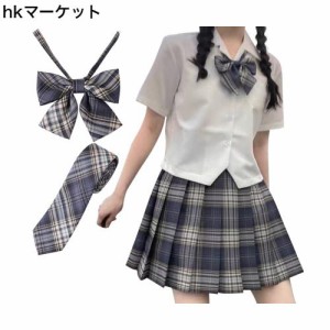 [Sharphon] チェック プリーツスカート 43/48CM丈 A06 制服 ハイウエスト プリーツ スカート 蝶結び ネクタイ 3点セット