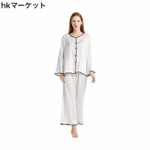 [KUMASEN] レディース パジャマ シルク100% サテン 上下セット ルームウェア 部屋着 長袖 肌に優しい 前開き ホワイトXL