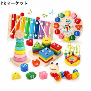 Qizebaby 木製 おもちゃ 2歳 3歳 モンテッソーリ教育 おもちゃ 6PCS 木製学習玩具 形合わせおもちゃ 音楽鉄琴 木製時計 ひもとおし ツイ