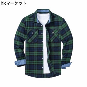 [KEFITEVD] ネルシャツ メンズ 長袖 カジュアル シャツ 大きいサイズ チェックシャツ 両胸ポケット アウター 緑 グリーン XL
