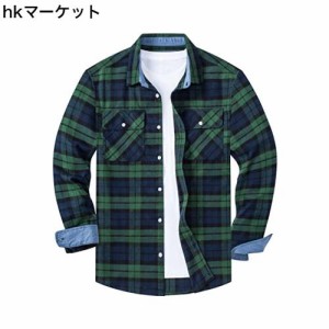 [KEFITEVD] ネルシャツ メンズ 長袖 カジュアル シャツ 大きいサイズ チェックシャツ 両胸ポケット アウター 緑 グリーン 2XL