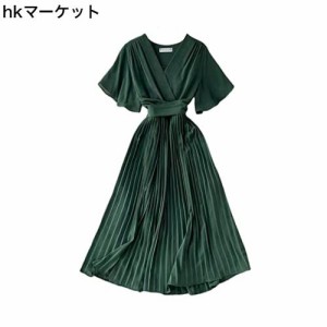 [Collecala] 夏服 dress for women2023 レディースロングワンピース ラッフルスリーブフレアワンピース ロング丈 グリーンM