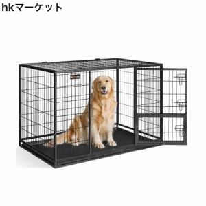 FEANDREA 犬 ケージ 折りたたみ 大型犬用 ダブルドア付き トレー付き ペットケージ 大型 組立簡単 室内外兼用 ペットサークル 幅122x奥行