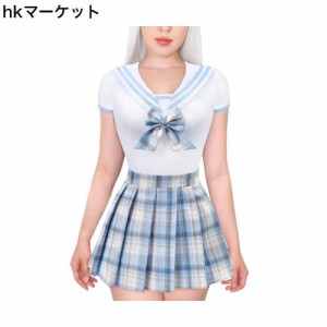 [LittleForBig] 大人用ロンパース セーラー服【魔法少女】 格子縞スカート 女子高生 JK制服 調節可能なウエスト 2点セット 元気な青 M