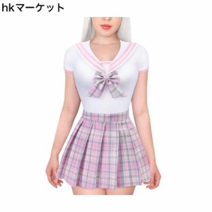 [LittleForBig] 大人用ロンパース セーラー服【魔法少女】 格子縞スカート 女子高生 JK制服 調節可能なウエスト 2点セット 元気なピンク 