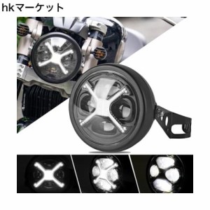 Motikvans 5.75インチ LED バイク ヘッドライト レトロな黒X-メンシェイプ ホワイトDRL ハイ/ロービーム切り替え 汎用 丸目 ランプシェー