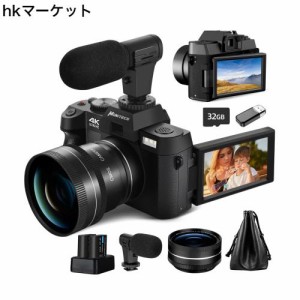 Monitech 撮影と動画用のデジタルカメラ、YouTube用の4 K 48 MP Vloggingカメラ、180°反転画面付き、16 Xデジタルズーム、52 mm広角とマ