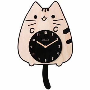 VIKMARI 振り子付き 壁掛け時計 天然木 ネコ ゆらゆら揺れる振り子時計 木製 猫 アクリル板文字盤 彫刻したインデックス 木製指針 静音 