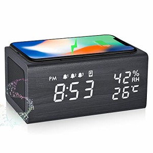 目覚まし時計 めざまし時計 スピーカー Bluetooth5.0 Qiワイヤレス充電器 3組アラーム 木目 置き時計 デジタル時計 卓上時計 湿度 温度計