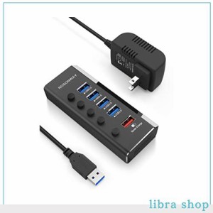 ROSONWAY 2022 USB ハブ 電源付きアルミ製 4ポートUSB3.0高速拡張+1つの急速充電ポートUSB Hub セルフパワー 12V/2A ACアダプタ 独立スイ