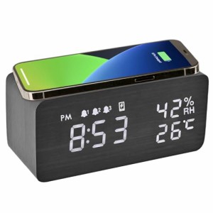 Electime 目覚まし時計 置き時計 スマホ充電機能 デジタル 多機能 木目 卓上時計 Qiワイヤレス充電器 スヌーズ 温度/湿度/アラーム 自動