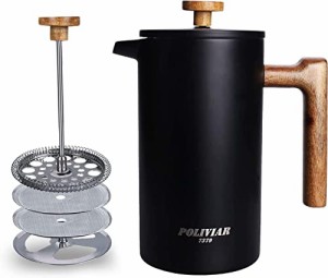 POLIVIAR フレンチプレス 1L コーヒープレス 真空断熱 保温 コーヒーメーカー french press ステンレス製 カフェプレス 大容量 軽量 コー