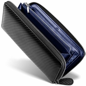 [ GRACE ] 財布 メンズ ラウンドファスナー イタリアン カーボンレザー 長財布 (ブラック/ネイビー)