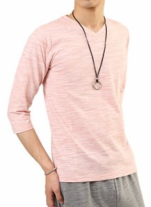 [アーケード] メンズ カットソー スラブボーダー 7分袖 Vネック Tシャツ L ピンク(7分袖)