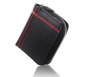 [デイライト] 財布 メンズ 二つ折り財布 PUレザー Wライン ラウンドファスナー コンパクト dl-1042 ブラック/レッド