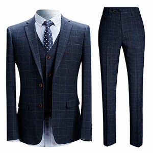 [YFFUSHI] スーツ メンズ 3点セット ジャケット スラックス ベストチェック ビジネス カラバリ豊富 (ブルー,XL)