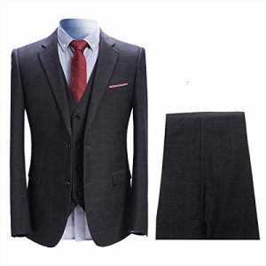 [YFFUSHI] スーツ メンズ 3点セット ジャケット スラックス ベストチェック ビジネス カラバリ豊富 (グレー,L)