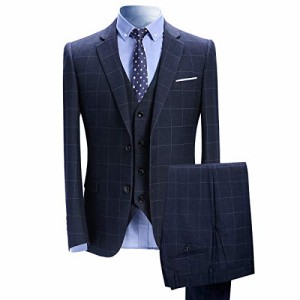 [YFFUSHI] スーツ メンズ 3点セット ジャケット スラックス ベストチェック ビジネス カラバリ豊富 (ブルー,3XL)