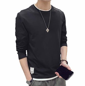 [Aroniko] Tシャツ メンズ カットソー メンズ ロンT 長袖 カジュアル 無地 ファッション 丸襟 快適 大きいサイズ ブラック M