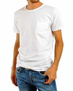 [AQshop] Tシャツ メンズ 無地 厚手 胸ポケット付き 5.3oz コットン 半袖 ラウンドネック (M, ホワイト)