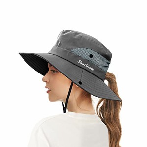 [ハミスト] 日よけ帽子 - UVカット帽子 防晒帽 サファリハット つば広ハット レインハット ポニーテール穴付き 取り外すあご紐 調節可能 
