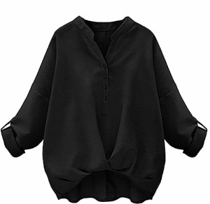 [メゾンドタオ] シャツ スキッパー カシュクール風 裾 タック 袖 ロールアップ レディース (黒, M)