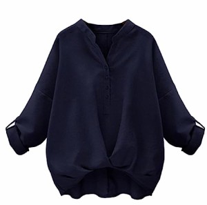 [メゾンドタオ] シャツ スキッパー カシュクール風 裾 タック 袖 ロールアップ レディース (紺, XXL)