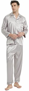 [KUMASEN] メンズ パジャマ シルク サテン 上下セット ルームウェア 部屋着 長袖 肌に優しい 前開き ダークピンクL