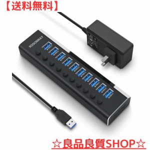 USB3.0ハブ 電源付き ROSONWAY 10ポート USBハブ アルミ製 5Gbps高速転送 セルフパワー USB拡張 独立スイッチ付 12V/3A ACアダプタ付き(R
