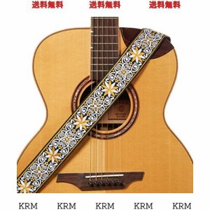 Amumu Hootenanny 2インチワイドグレー織りギターストラップイエローブルーフラワークラシックアコースティックエレクトリックギター用
