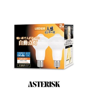 LED電球 人感センサー付 E17口金 60形相当 電球色 6W 610lm 下方向タイプ 明暗センサー付 小型電球 玄関/廊下/トイレ 2個セット LDA6L27-