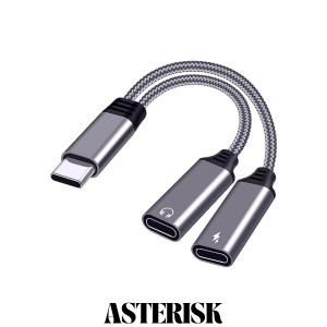 2in1 タイプC高速充電イヤホン変換ケーブル Type-CイヤホンジャックUSB C PD充電アダプタ 音声通話/音量調節/音楽イヤホン 二股 高耐久 