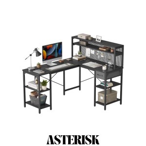 CubiCubi L字デスク 幅150cm 奥行き121cm パソコンデスク オフィス 勉強 作業 学習机コーナーデスク ラック シェルフ付き アイアンメッシ