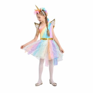 [HY-MS] ハロウィン 仮装 子供 女の子 ユニコーン コスチューム 演出服 仮装 可愛い ワンピース 3点セット L（130-140cm）