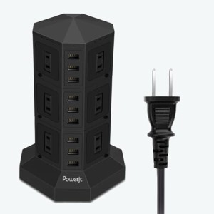 電源タップ 縦型コンセント タワー式 オフィス・会議用 USB急速充電 3m スイッチ付 12口 ３層-Powerjc