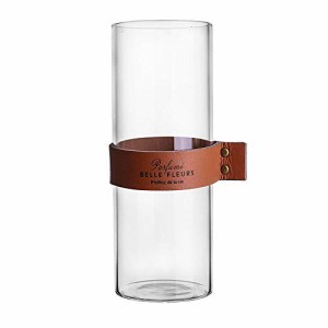 花瓶 ガラス花瓶レザーベルト付き フラワーベース ストレート 23CM ガラス 筒型 円柱 花びん 透明 上品 北欧 切り花 生け花 ガラスボトル
